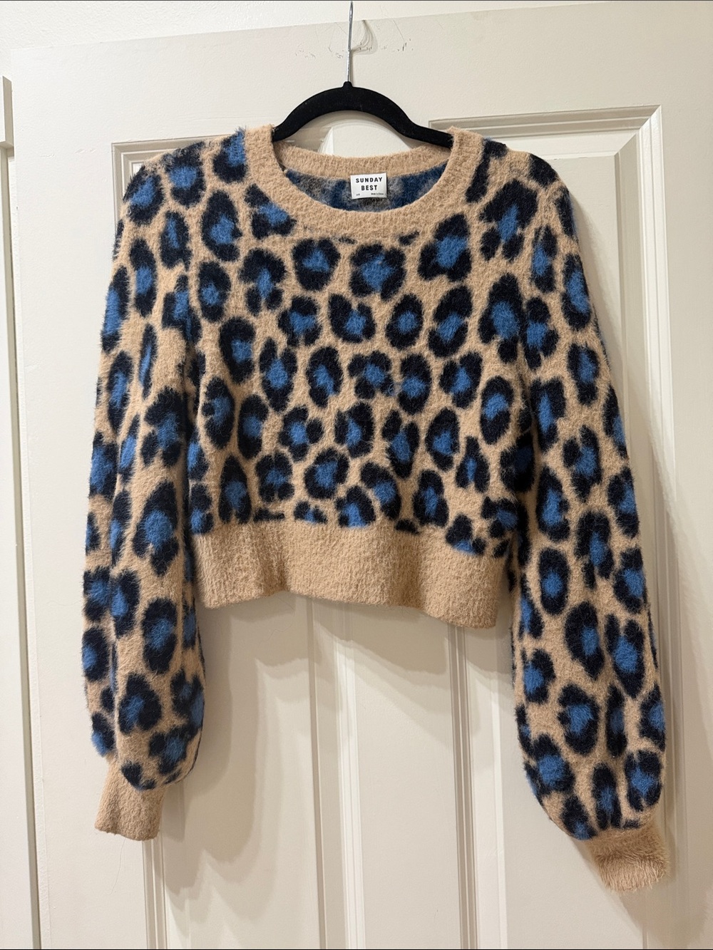 Sunday Best Tan Cropped Sweater with Blue and Black Leopard Print